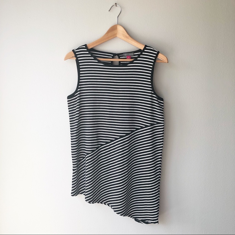 Vince Camuto Petite Black and White Striped Sleeveless Top with Asymmetrical Hem